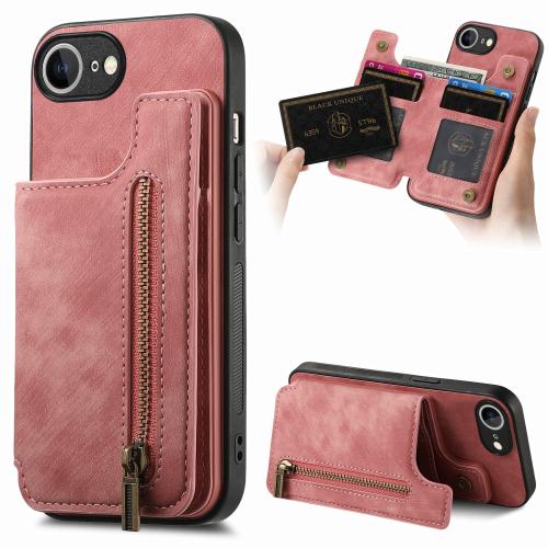 

For iPhone 16e Retro Leather Zipper Wallet Back Phone Case(Pink)