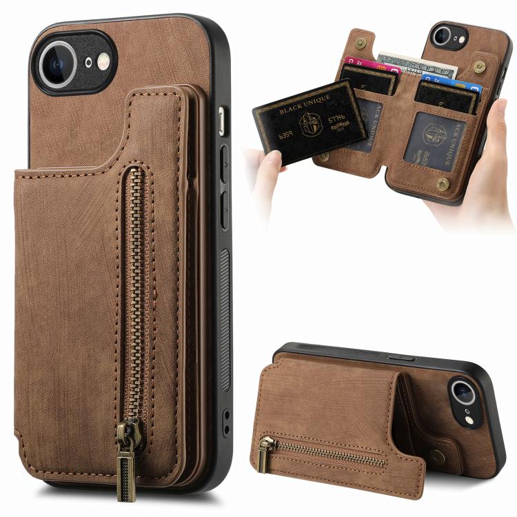 

For iPhone 16e Retro Leather Zipper Wallet Back Phone Case(Brown)