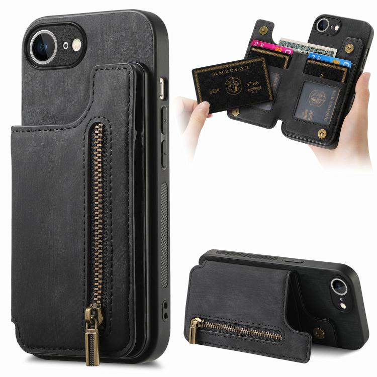 

For iPhone 16e Retro Leather Zipper Wallet Back Phone Case(Black)