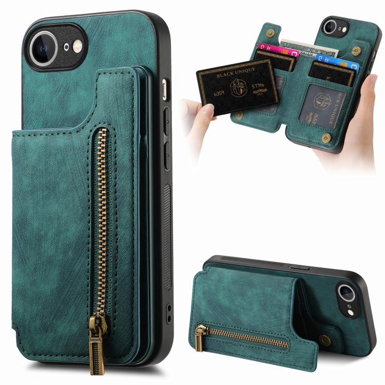 

For iPhone 16e Retro Leather Zipper Wallet Back Phone Case(Green)
