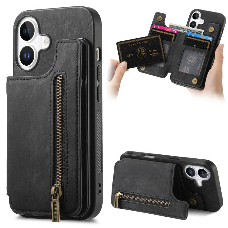 

For iPhone 17 Retro Leather Zipper Wallet Back Phone Case(Black)