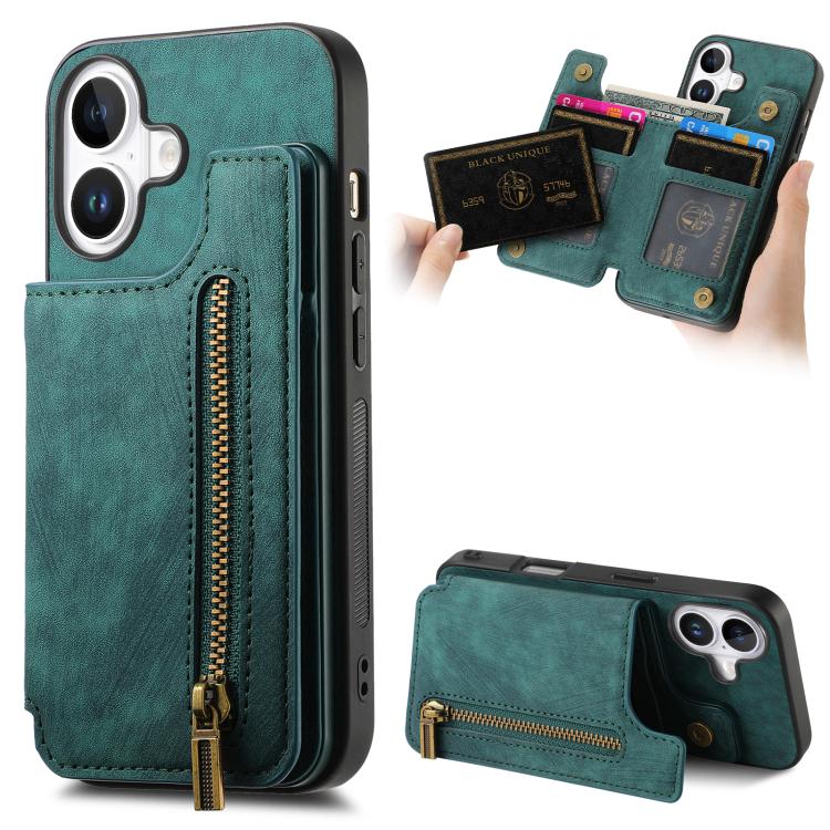 

For iPhone 17 Retro Leather Zipper Wallet Back Phone Case(Green)