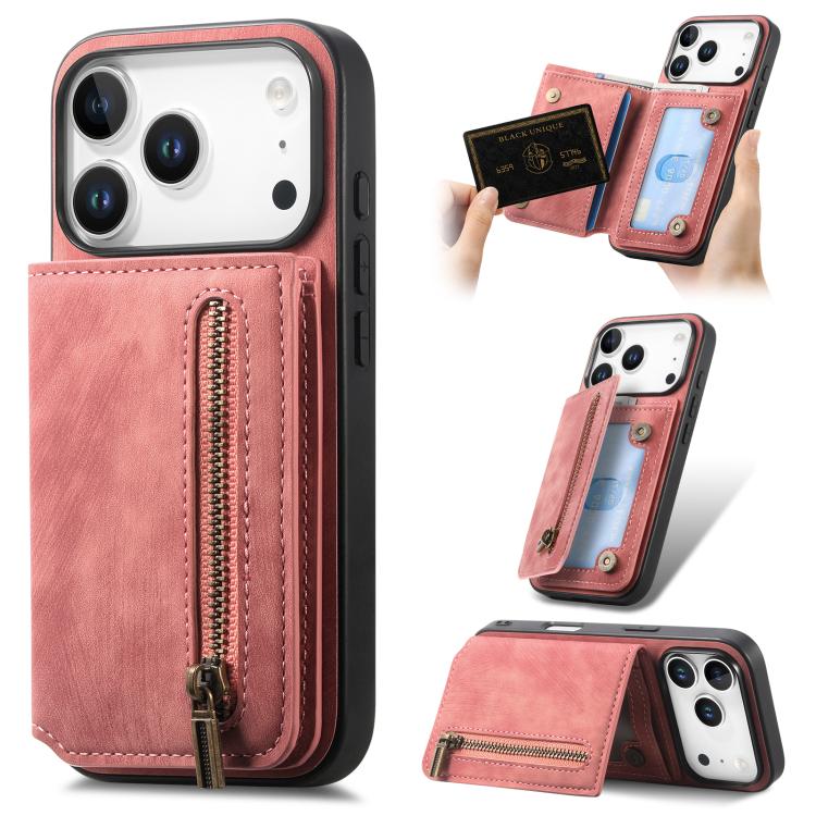 

For iPhone 17 Pro Max Retro Leather Zipper Wallet Back Phone Case(Pink)