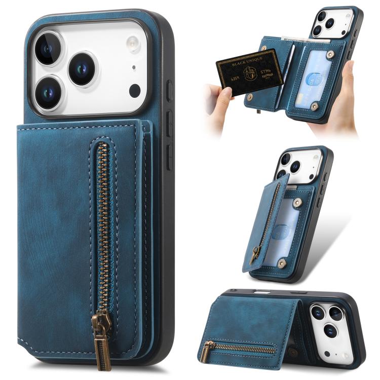 

For iPhone 17 Pro Max Retro Leather Zipper Wallet Back Phone Case(Blue)