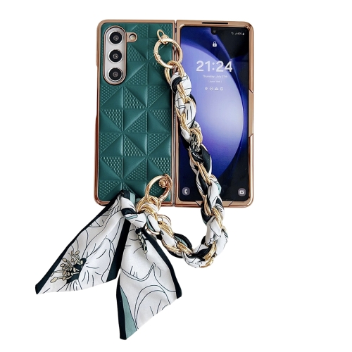 For Samsung Galaxy Z Fold5 Checkered Scarf Bracelet Phone Case(Green)