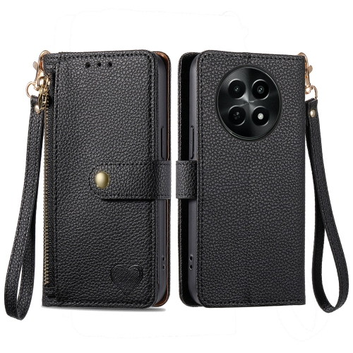 

For Realme 12 Love Zipper Lanyard Leather Phone Case(Black)