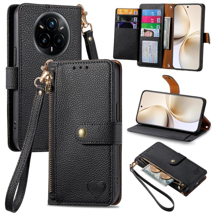 

For Realme 14 Pro+ Love Zipper Lanyard Leather Phone Case(Black)