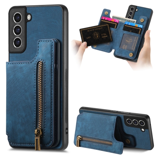 For Samsung Galaxy S21 5G Retro Leather Zipper Wallet Back Phone Case(Blue) cafe racing retro motorcycle fuel tank pads storage bag side leather stickers knee guards retro side plates foryamaha honda