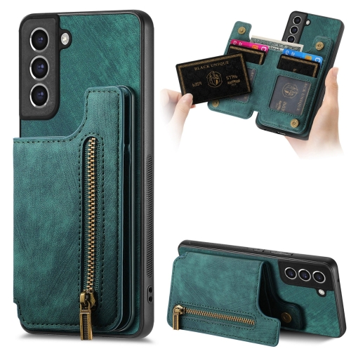 

For Samsung Galaxy S21 5G Retro Leather Zipper Wallet Back Phone Case(Green)