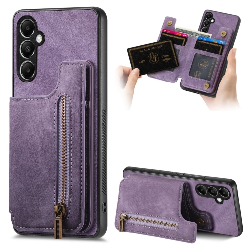 

For Samsung Galaxy M15 Retro Leather Zipper Wallet Back Phone Case(Purple)