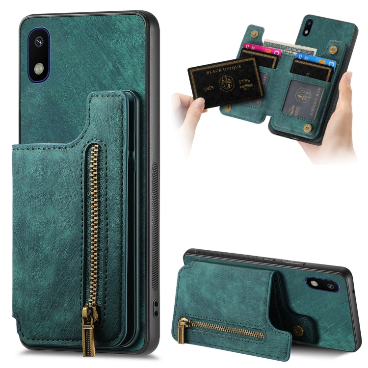 

For Samsung Galaxy A10 Retro Leather Zipper Wallet Back Phone Case(Green)
