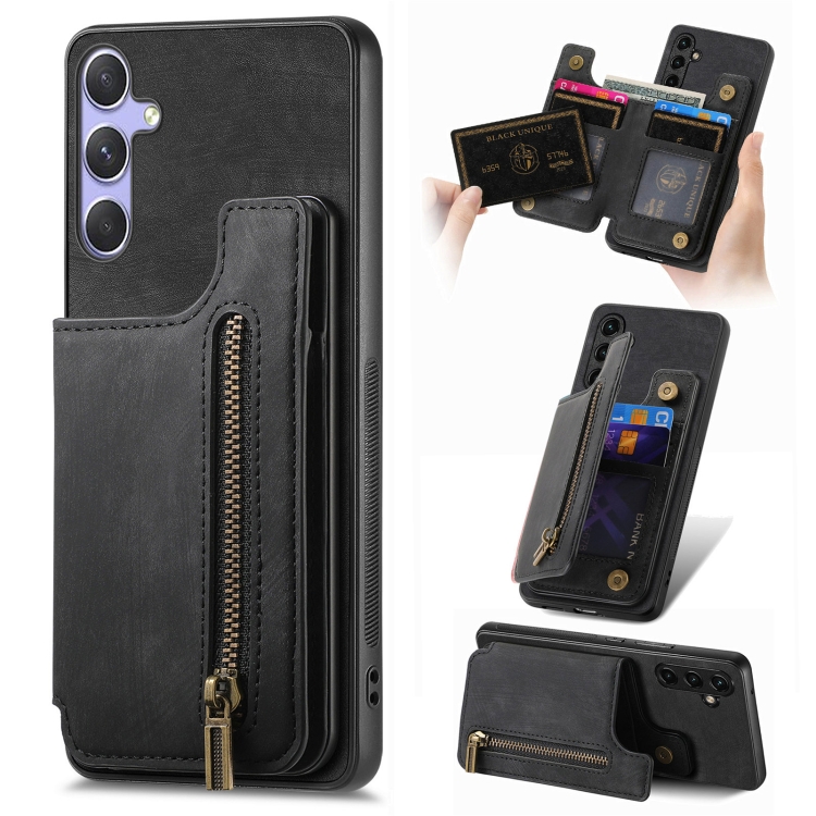

For Samsung Galaxy S25 5G Retro Leather Zipper Wallet Back Phone Case(Black)