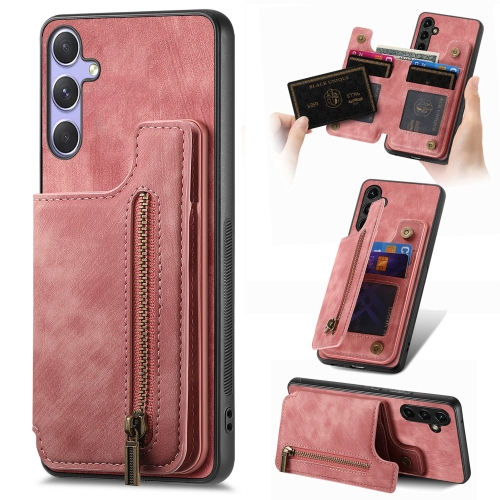 

For Samsung Galaxy S25+ 5G Retro Leather Zipper Wallet Back Phone Case(Pink)