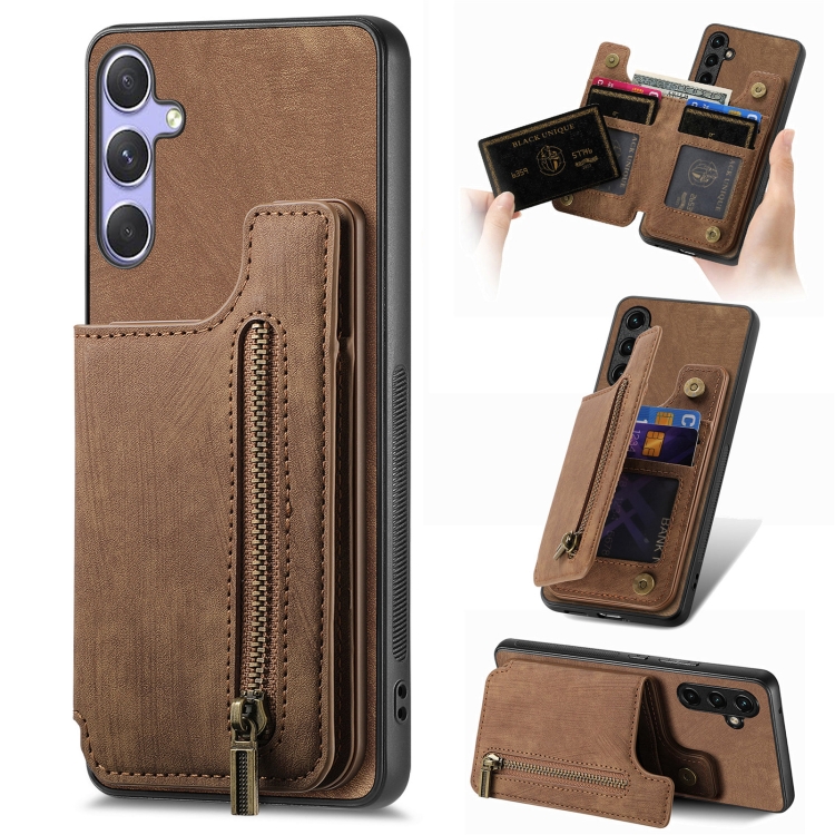

For Samsung Galaxy S25+ 5G Retro Leather Zipper Wallet Back Phone Case(Brown)