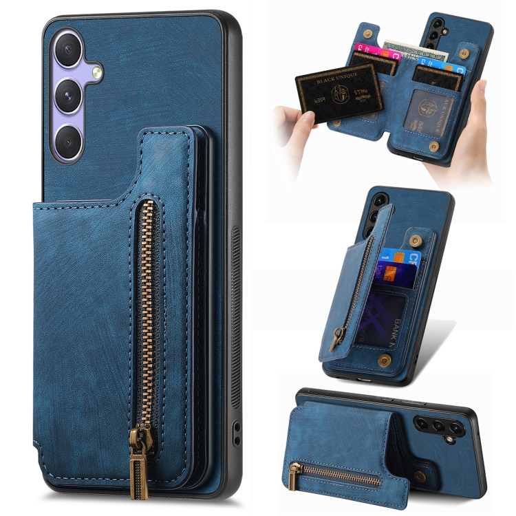 

For Samsung Galaxy S25+ 5G Retro Leather Zipper Wallet Back Phone Case(Blue)