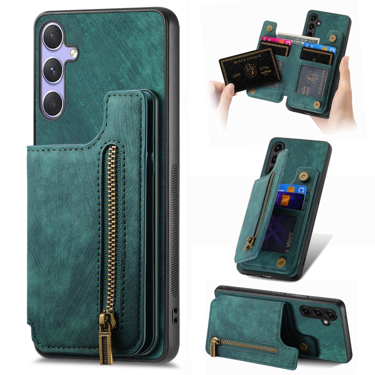 

For Samsung Galaxy S25+ 5G Retro Leather Zipper Wallet Back Phone Case(Green)