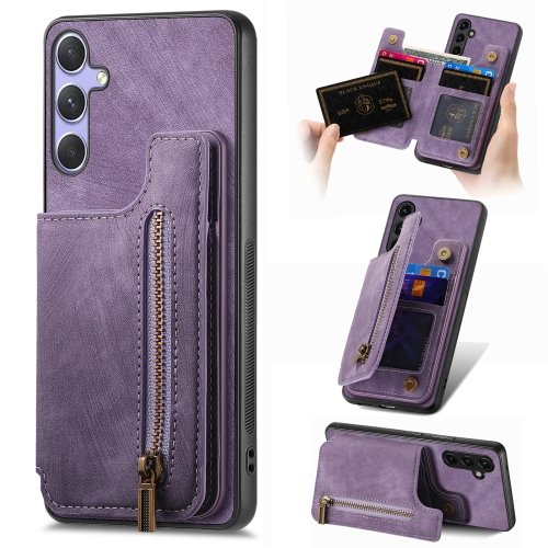 

For Samsung Galaxy S25 Ultra 5G Retro Leather Zipper Wallet Back Phone Case(Purple)