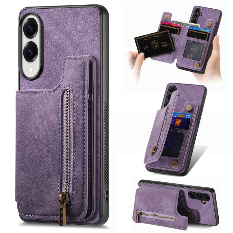 For Samsung Galaxy S25 Edge 5G Retro Leather Zipper Wallet Back Phone Case(Purple)