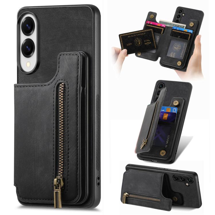 

For Samsung Galaxy S25 Edge 5G Retro Leather Zipper Wallet Back Phone Case(Black)