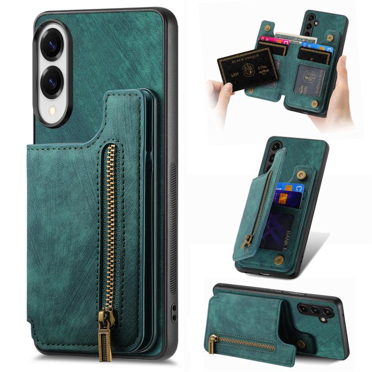 

For Samsung Galaxy S25 Edge 5G Retro Leather Zipper Wallet Back Phone Case(Green)