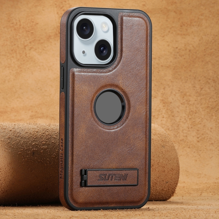 

For iPhone 15 Plus Suteni G2 Magsafe Oil Wax Leather Back Phone Case with Holder(Brown)