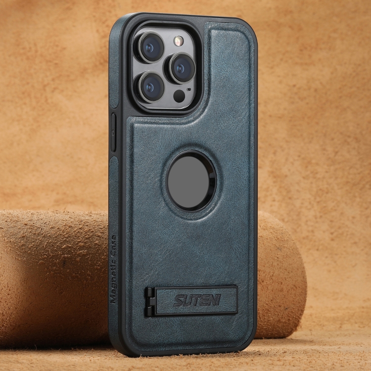 

For iPhone 14 Pro Suteni G2 Magsafe Oil Wax Leather Back Phone Case with Holder(Blue)