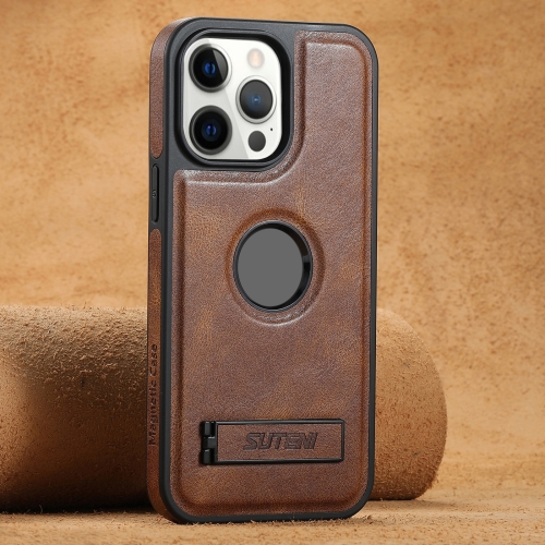 

For iPhone 12 Pro Max Suteni G2 Magsafe Oil Wax Leather Back Phone Case with Holder(Brown)