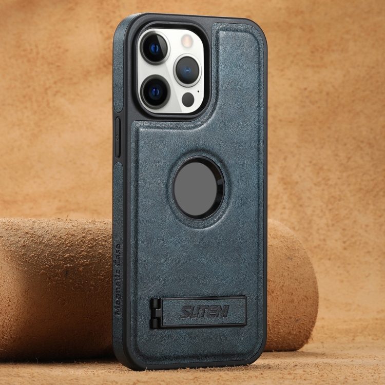 For iPhone 12 Pro Max Suteni G2 Magsafe Oil Wax Leather Back Phone Case with Holder(Blue) — купить у Sunsky-online WW