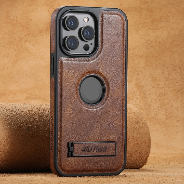 

For iPhone 16 Pro Suteni G2 Magsafe Oil Wax Leather Back Phone Case with Holder(Brown)