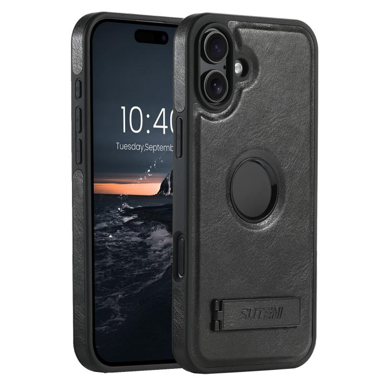 For iPhone 18 Suteni G2 Magsafe Oil Wax Leather Back Phone Case with Holder(Black)