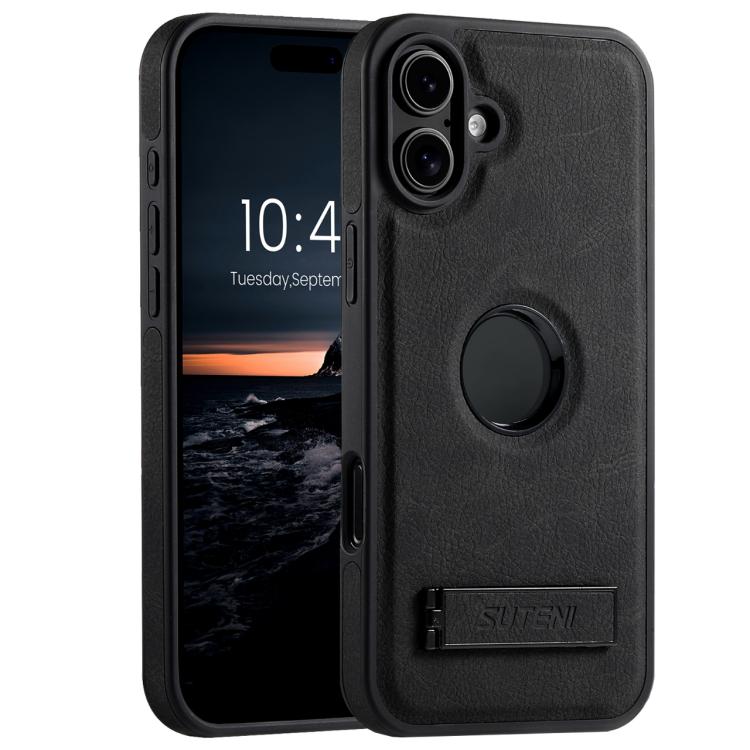 

For iPhone 18 Suteni G2 Magsafe Litchi Texture Leather Back Phone Case with Holder(Black)
