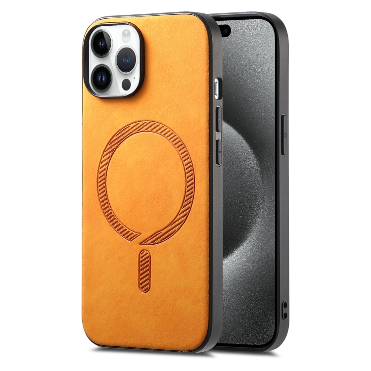 

For iPhone 15 Pro Max Solid Color Retro Magsafe PU Back Cover Phone Case(Yellow)