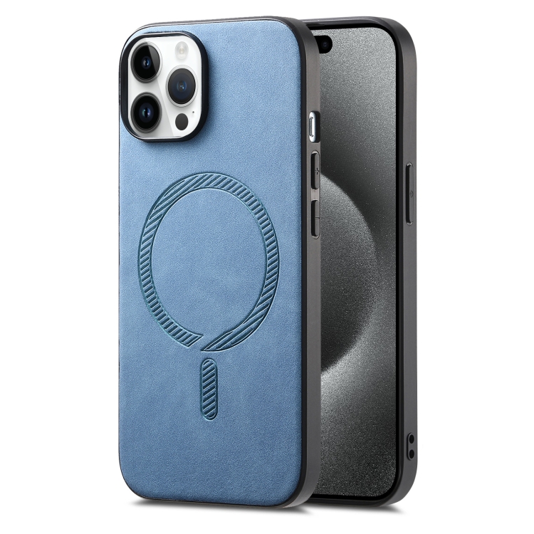 

For iPhone 15 Pro Max Solid Color Retro Magsafe PU Back Cover Phone Case(Blue)