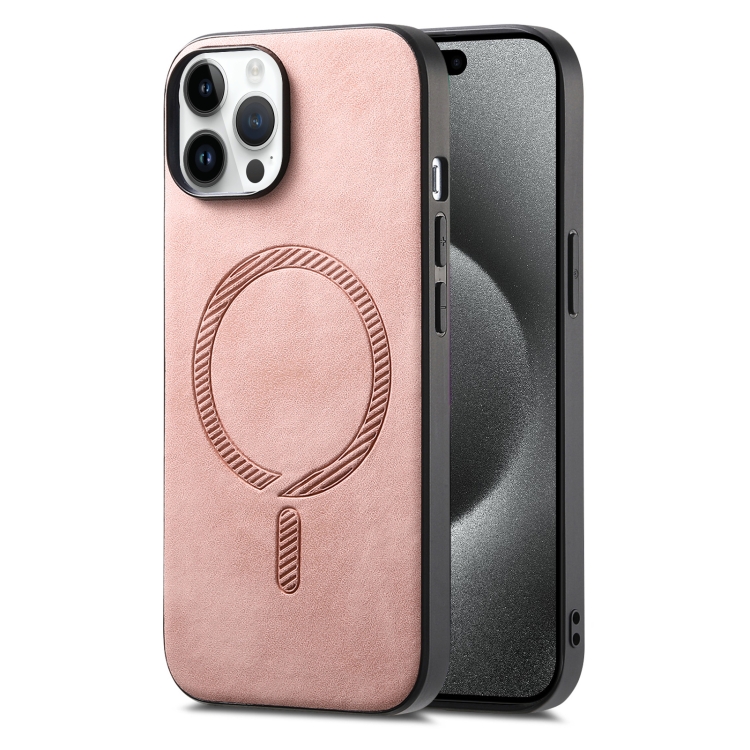 

For iPhone 15 Pro Solid Color Retro Magsafe PU Back Cover Phone Case(Pink)
