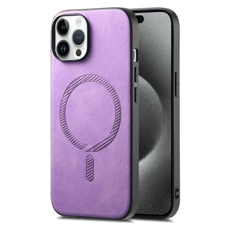 

For iPhone 15 Pro Solid Color Retro Magsafe PU Back Cover Phone Case(Purple)