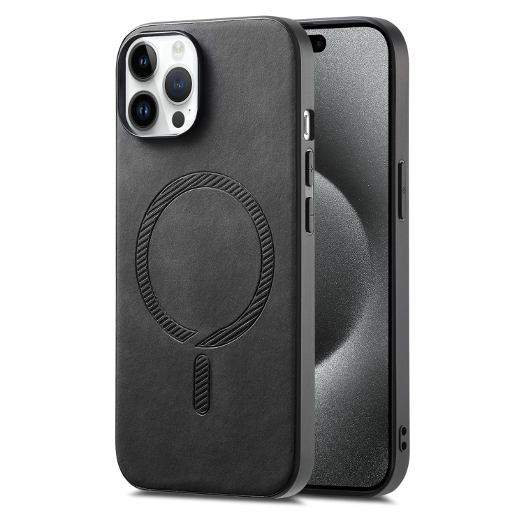 

For iPhone 15 Pro Solid Color Retro Magsafe PU Back Cover Phone Case(Black)