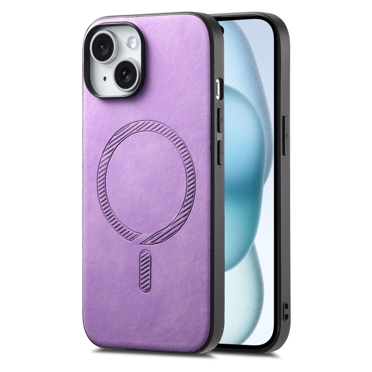 

For iPhone 15 Plus Solid Color Retro Magsafe PU Back Cover Phone Case(Purple)
