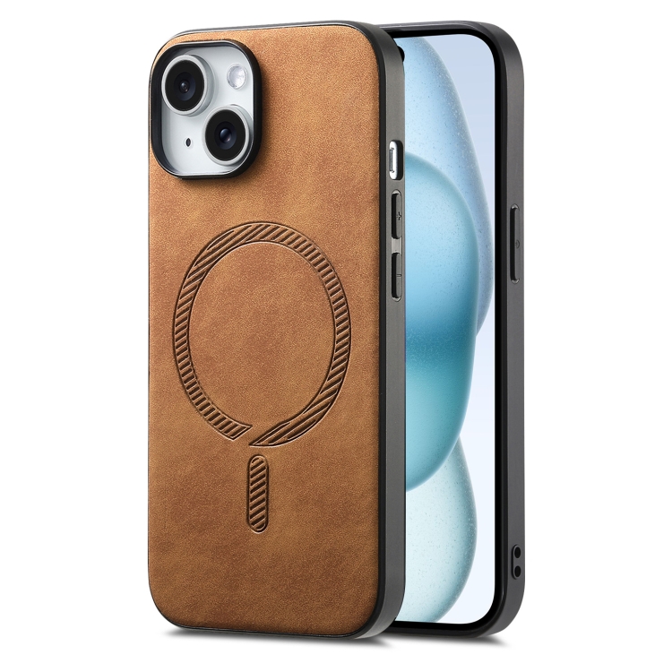 

For iPhone 15 Plus Solid Color Retro Magsafe PU Back Cover Phone Case(Brown)