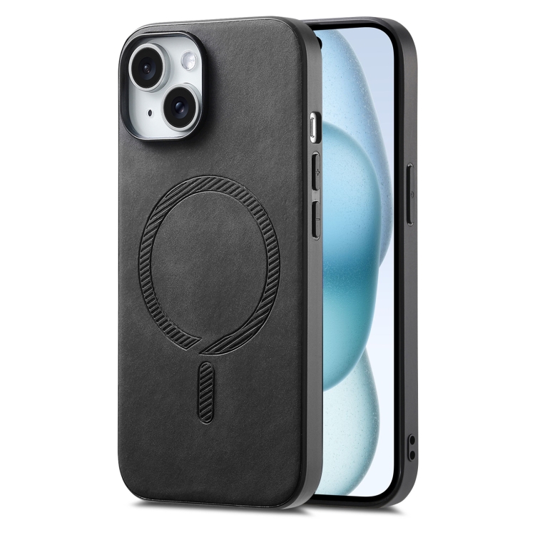 

For iPhone 15 Plus Solid Color Retro Magsafe PU Back Cover Phone Case(Black)