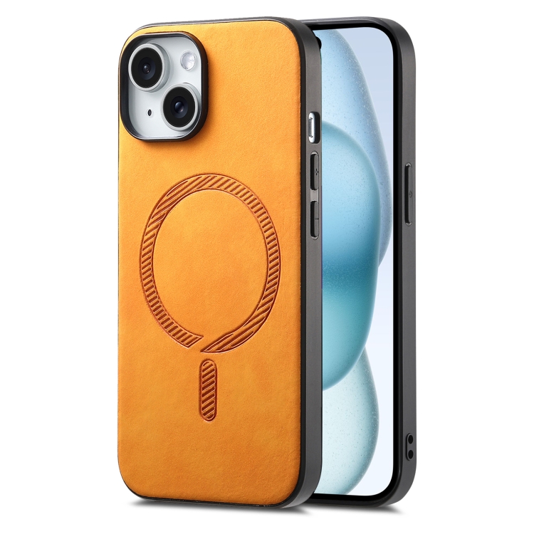 

For iPhone 15 Plus Solid Color Retro Magsafe PU Back Cover Phone Case(Yellow)