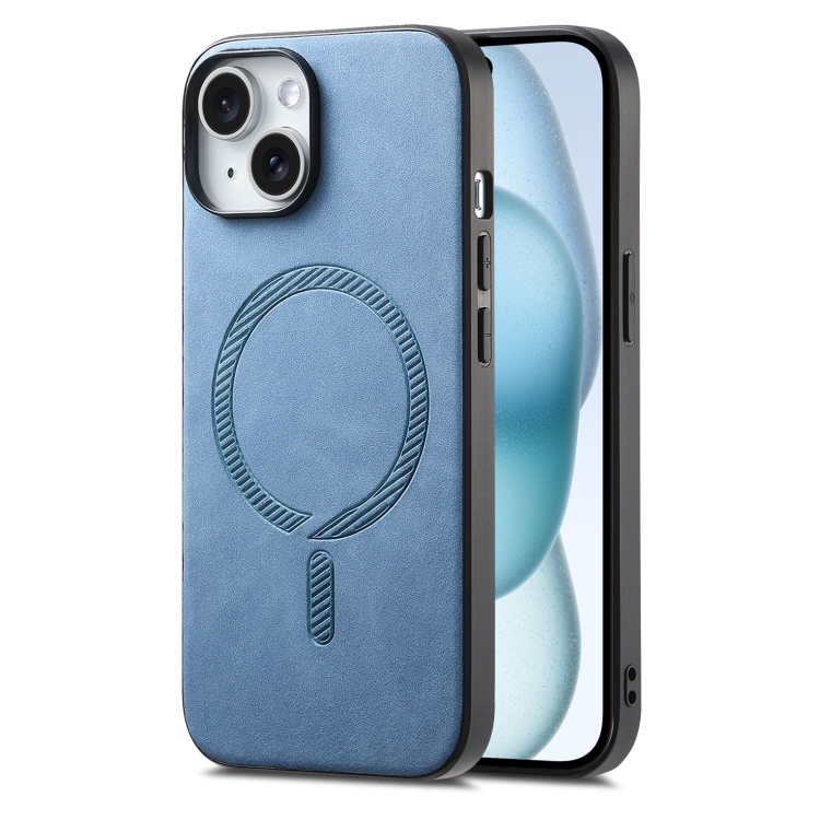 

For iPhone 15 Solid Color Retro Magsafe PU Back Cover Phone Case(Blue)