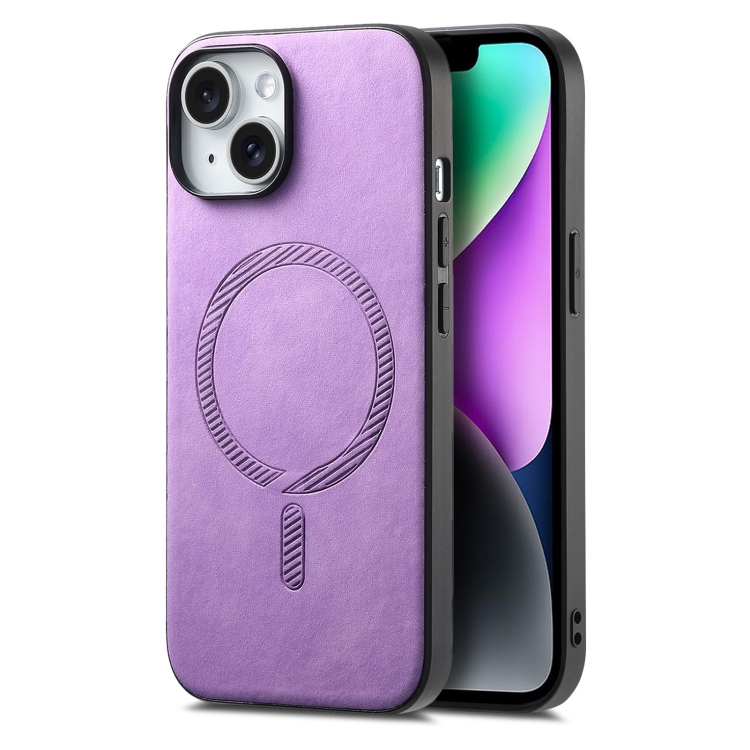 

For iPhone 14 Plus Solid Color Retro Magsafe PU Back Cover Phone Case(Purple)
