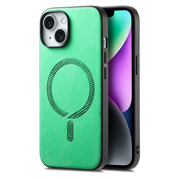 

For iPhone 14 Plus Solid Color Retro Magsafe PU Back Cover Phone Case(Green)