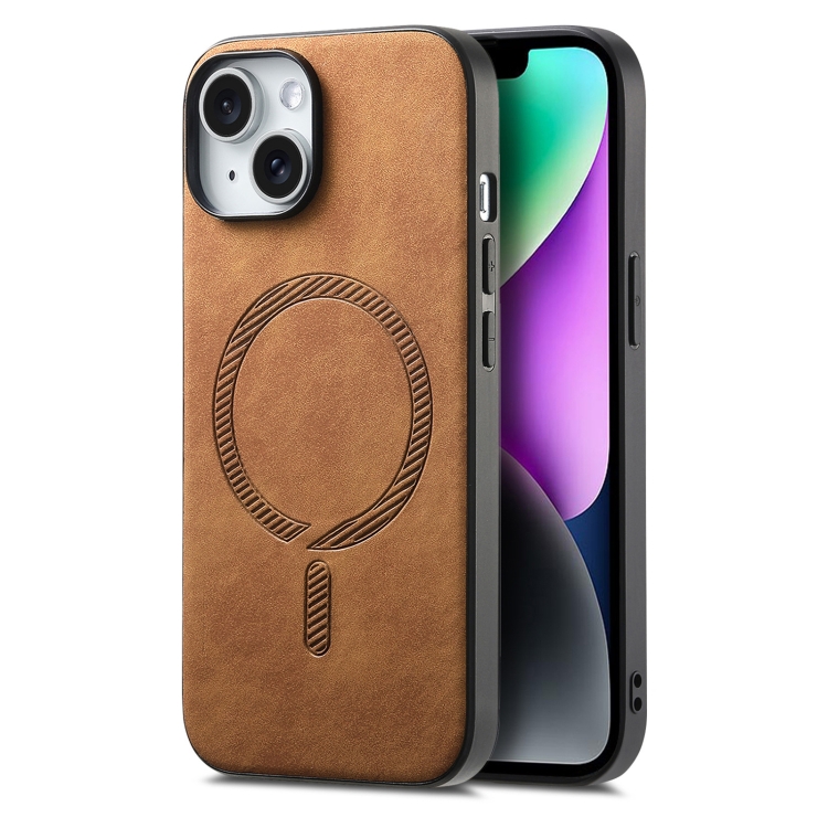 

For iPhone 14 Plus Solid Color Retro Magsafe PU Back Cover Phone Case(Brown)