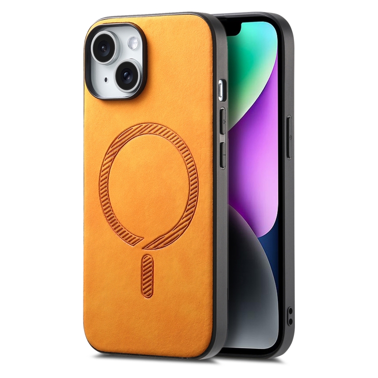 

For iPhone 14 Plus Solid Color Retro Magsafe PU Back Cover Phone Case(Yellow)