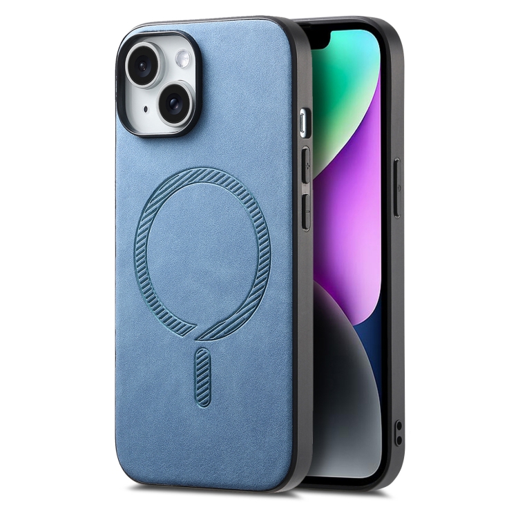 

For iPhone 14 Plus Solid Color Retro Magsafe PU Back Cover Phone Case(Blue)