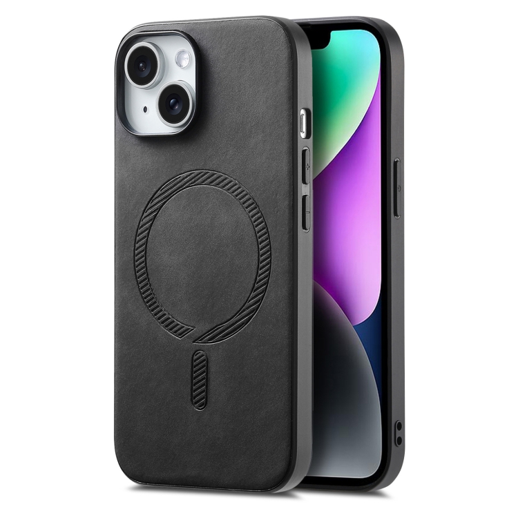 

For iPhone 14 Solid Color Retro Magsafe PU Back Cover Phone Case(Black)