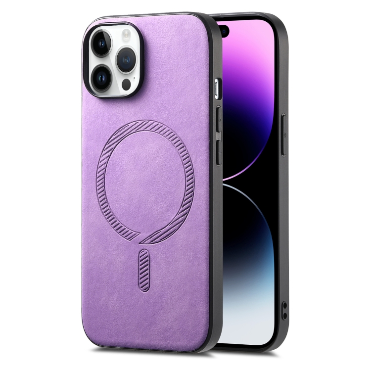 

For iPhone 14 Pro Solid Color Retro Magsafe PU Back Cover Phone Case(Purple)