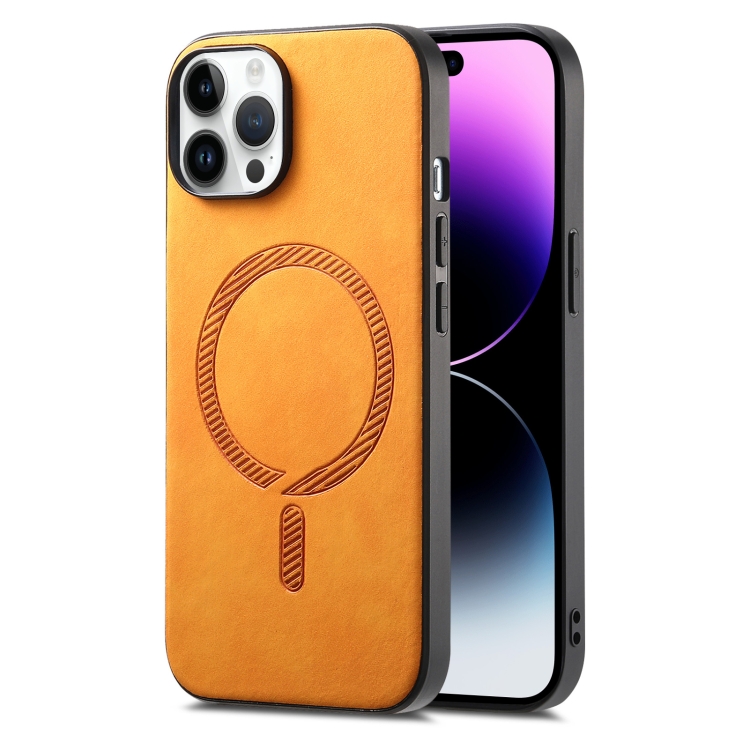

For iPhone 14 Pro Solid Color Retro Magsafe PU Back Cover Phone Case(Yellow)