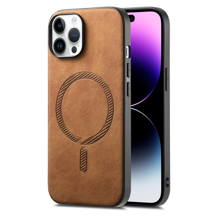 

For iPhone 14 Pro Max Solid Color Retro Magsafe PU Back Cover Phone Case(Brown)